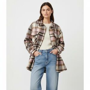 Aly Daly Womens Shacket Size M Pink Brown Plaid Oversized Collared